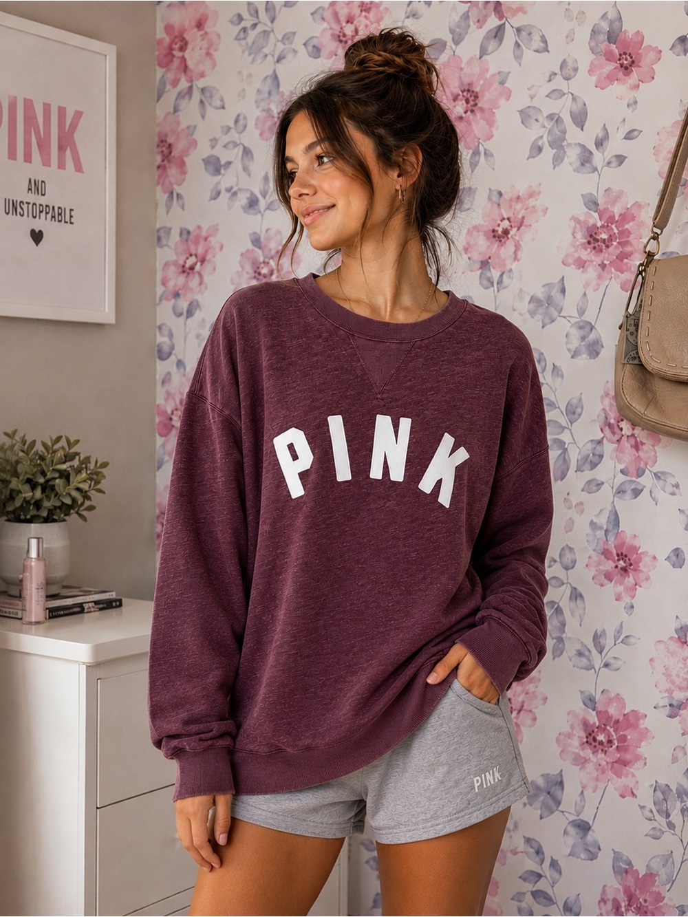 Victoria's Secret PINK Oversized Crewneck Sweatshirt in Plum with White Letters
